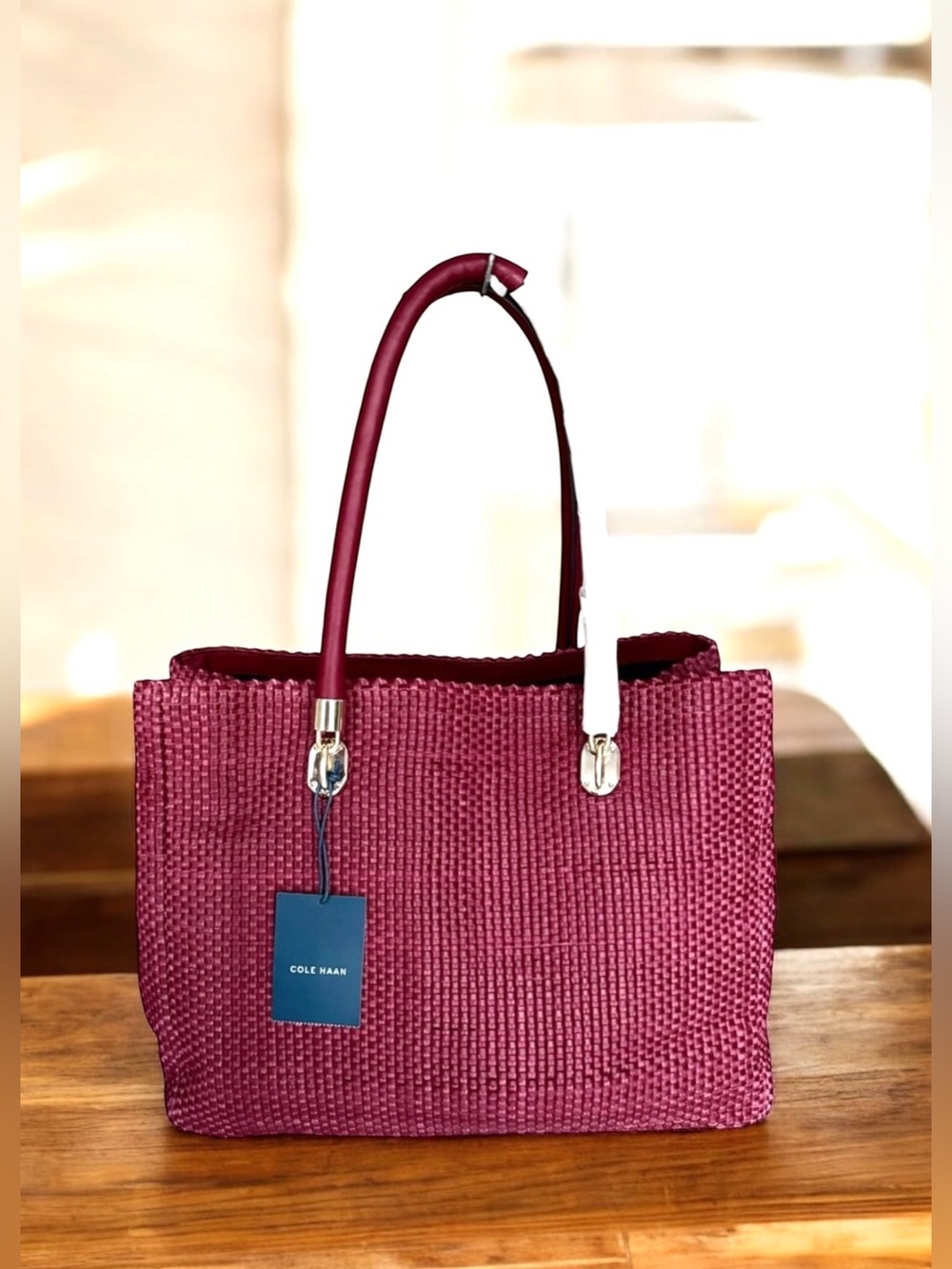 🆕 Cole Haan Woven Tote Red Leather Shoulder Bag